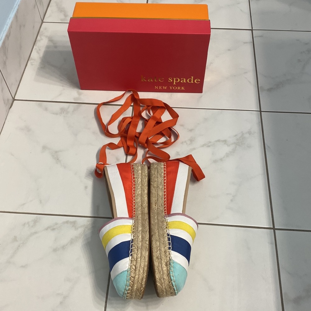 Kate Spade Leena White Napa Mint Blue Yellow Pink Grosgrain Espadrilles Size 10 - Picture 3 of 6